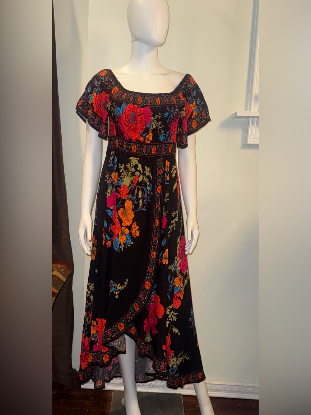 Jealous Tomato Black Maxi Dress with Red, Orange & Blue Floral Print